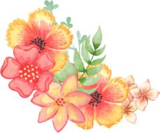 painted pink, orange flowers and green leaves