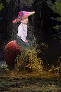 Child boy sits on Apple, digital art