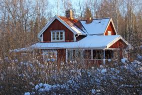 wooden swedish house, winter in the countryside