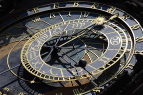 Close-up of the beautiful, shiny, vintage clock in Prague, Czech Republic, in light