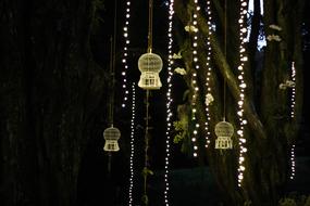 Close-up of the colorful decorations, with the lights, at the night