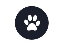 Black and white, round icon with paw, at white background, clipart