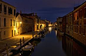 Architecture Buildings and water canal at night