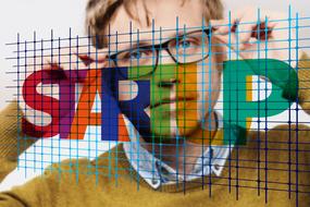 start up text and man banner