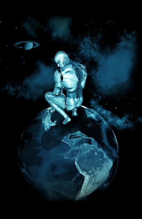 image of android man sitting on a planet in space