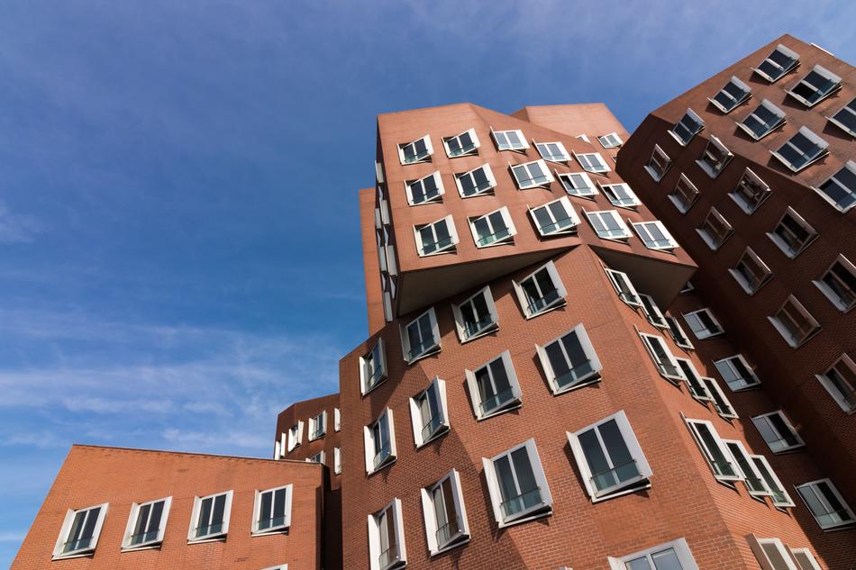 futuristic red building facade, germany, DÃ¼sseldorf, media harbour