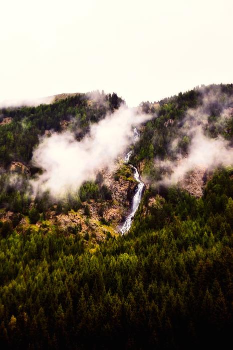 mountains, fog, waterfall