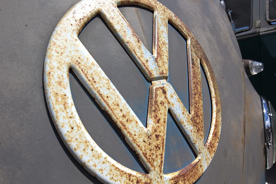 Colorful, rusty old Volkswagen logo on the 'Volkswagen T1'