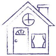 Violet and white drawing of the house, with the chimney, at white background, clipart
