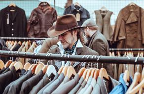 a man in a cowboy hat chooses clothes in a shopping center