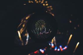 view of the salute in the night sky through a glass ball