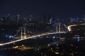 Beautiful cityscape with the bridge with colorful lights at night