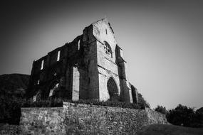 Black and white photo of the beautiful, old building, on the hill, among the plants