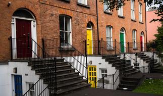 colorful entrance doors in a brick building
