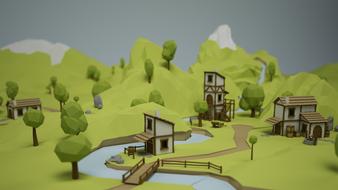 Beautiful low poly village with the green trees, mountains and houses, near the river, clipart