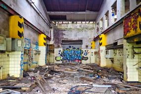 Colorful, old, abandoned railway depot with the colorful graffities