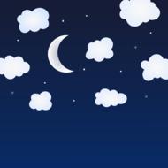 Beautiful night sky with the half Moon, clouds and stars, clipart