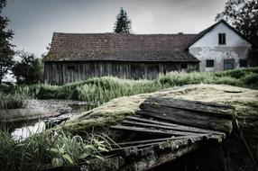 Old farmhouse, among the green plants and wood