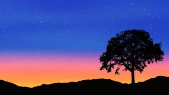 Beautiful landscape with the tree, at beautiful and colorful, gradient sunrise, clipart