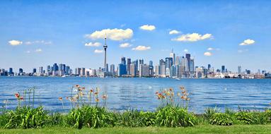 city with skyscrapers on the river bank