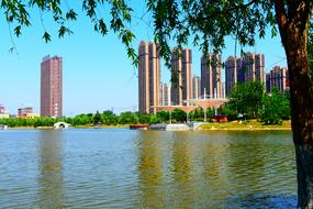 skyscrapers on the lake in the city