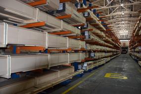 aluminium plant production, packed goods on shelves in storage, russia