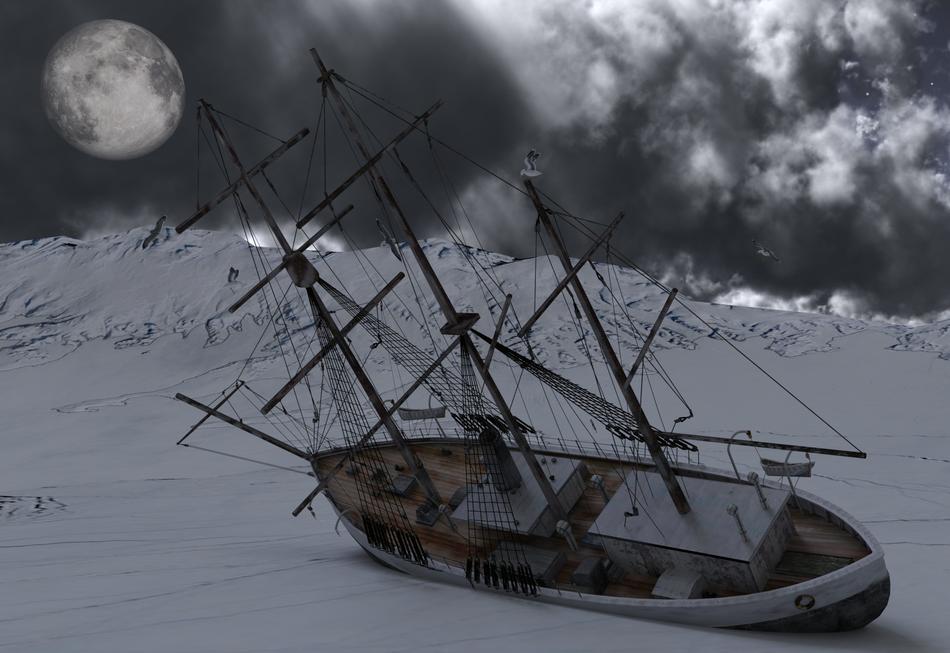 Wreck Ship in the snow at dusk