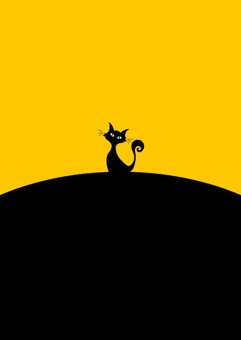 cartoon black cat on yellow sky background