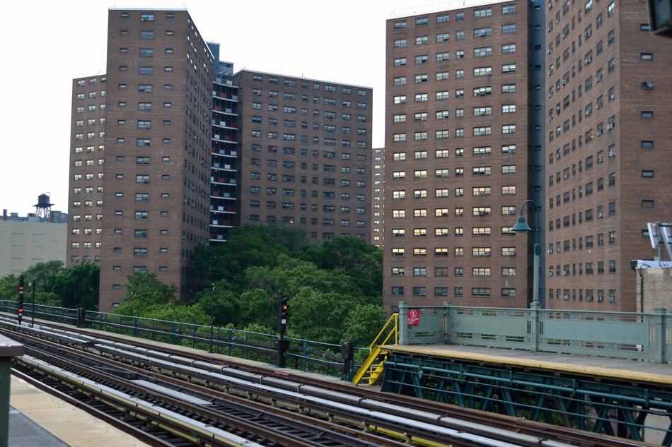 residential buildings near the metro in Harlem, New York