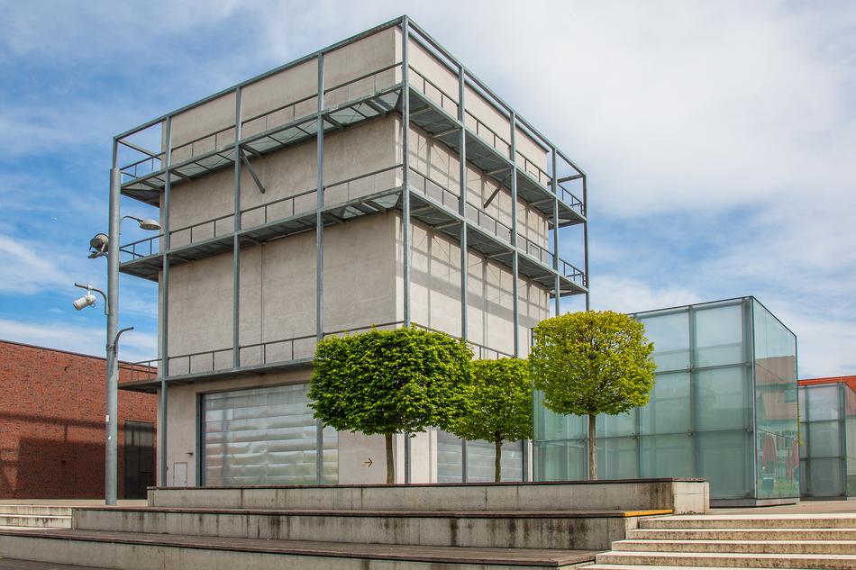 Design of the film academy, with the green trees, in Ludwigsburg, Germany, under the blue sky with clouds