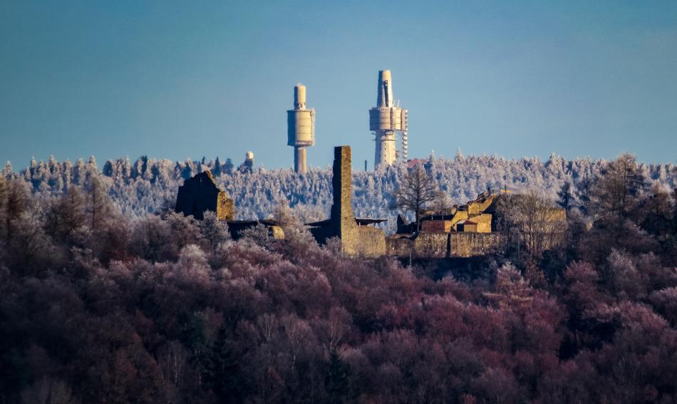 panoramic view of the knight's castle with towers among the trees