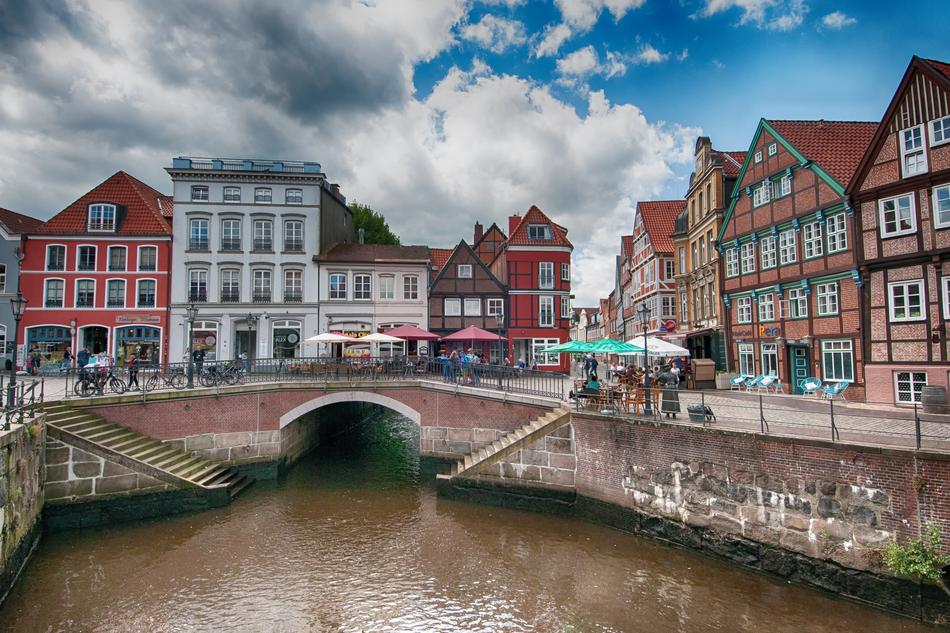 Beautiful and colorful port of Stade, with the buildings, in Lower Saxony, Germany