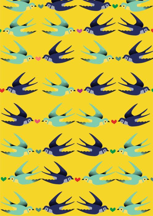 Beautiful and colorful swallows, at yellow background, clipart