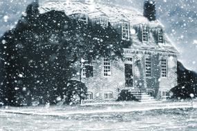 vintage drawing of a house in the snow