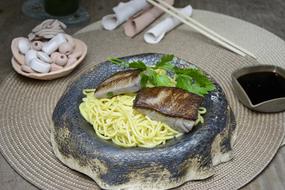 Beautiful dish with the noodles and greenery