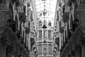 Black and white photo of the beautiful Lodares passage in Albacete, Spain, in light