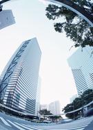 Circle view of the city, with the road, buildings and trees