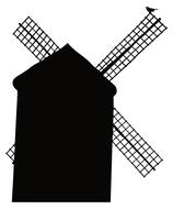 Black silhouette of the windmill, with the fans, at white background, clipart