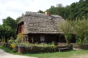 Beautiful cottage house, among the colorful plants, in the village