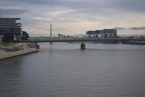 Landscape of Cologne, Germany, with the Rhine river, among the buildings, at colorful and beautiful sunset