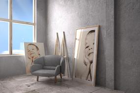 portrait of child boy in frame at wall in room, digital art
