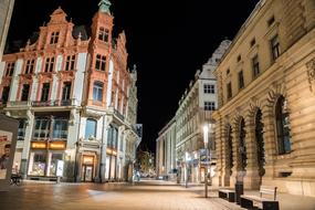 Beautiful Leipzig with colorful lights at night, in Germany