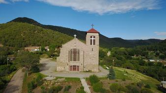 Aerial view of Vintage Church on mountain