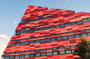 red facade of a modern building