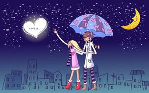 a cute couple with an umbrella in the night