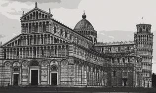 Black and white photo of the beautiful monument and tower in Pisa, Tuscany, Italy