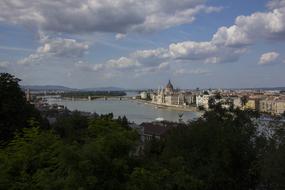 Beautiful landscape of Budapest, with the parliament and Danube River, in Hungary, from the green trees