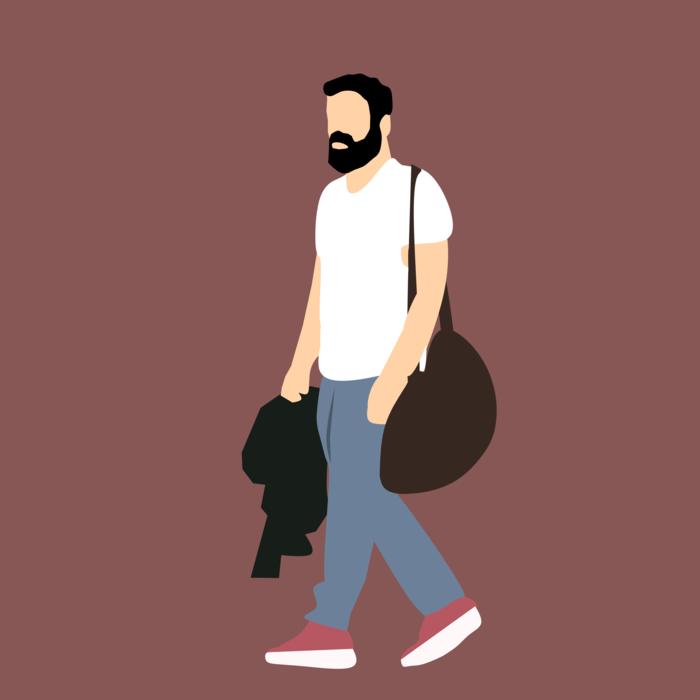 walking man in t-shirt with bag on shoulder, drawing
