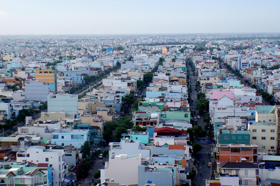 Cityscape of Saigon, Vietnam, with the colorful buildings