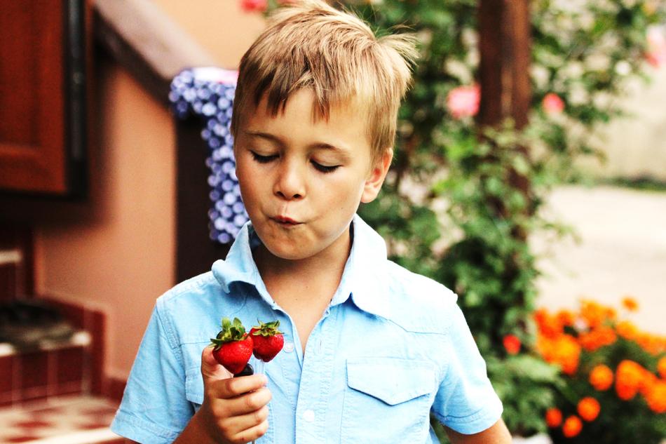 Boy with Strawberries on a blurred background
